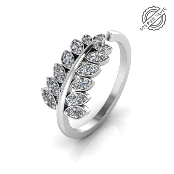 925 Sterling Silver leaf shape zircon studded Freesize Ring
