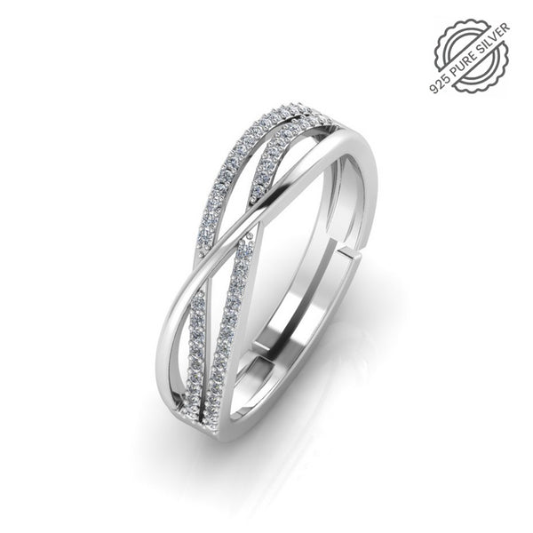 925 Sterling Silver Zircon studded three line Free size Ring