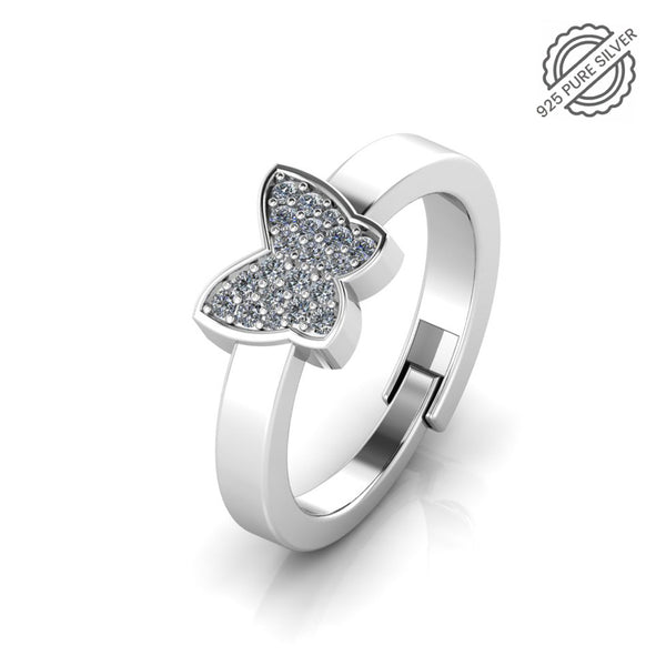 925 Sterling Silver Diamond studded Freesize Butterfly Ring