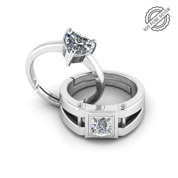 925 Pure Silver Stardom Heart Shape Single Diamond Couple Ring