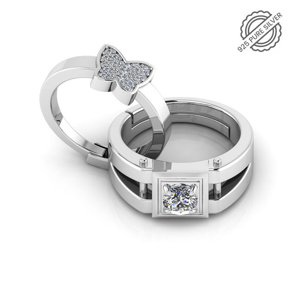 925 Pure Sterling Silver Diamond Studded Freesize Butterfly and Stardom Mens Couple's Ring