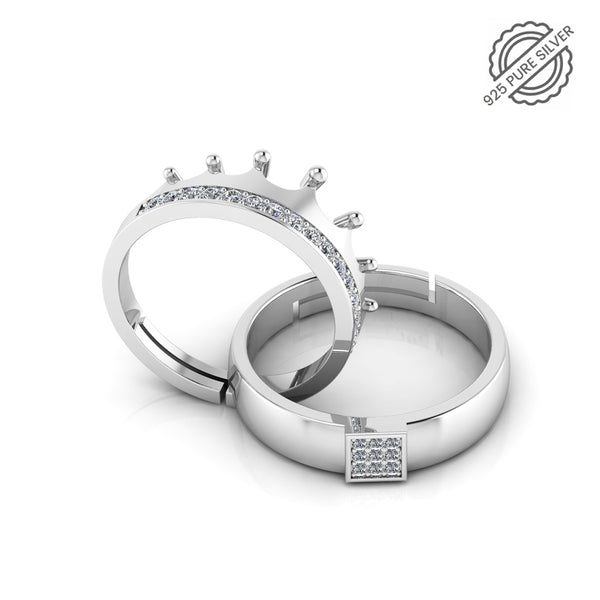 925 Pure Starling Silver Zircon Embellished Crown and Classy Status Special Couple's Ring