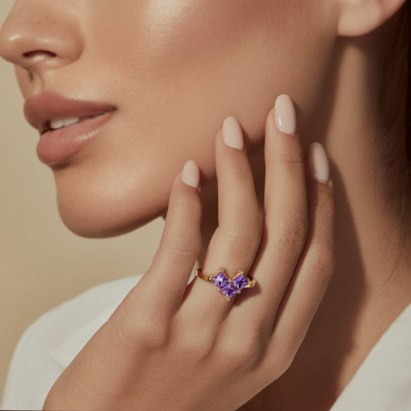 925 Sterling Silver Gold Plated Adjustable Princess Cut Purple Stone Ring for Women | Party Wear Gift