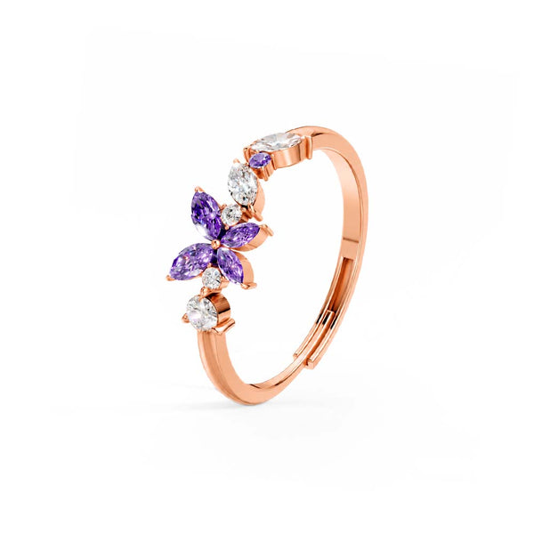 Miss Highness Rose Gold-Plated 925 Silver Floral CZ Ring for Women | Purple & White CZ Stone Design