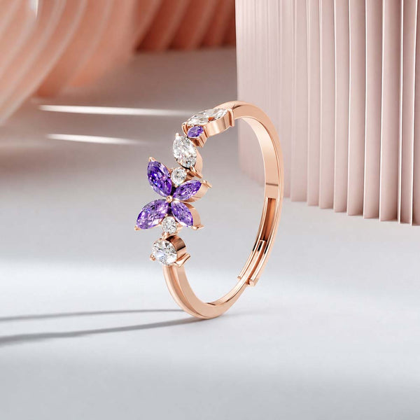 Miss Highness Rose Gold-Plated 925 Silver Floral CZ Ring for Women | Purple & White CZ Stone Design