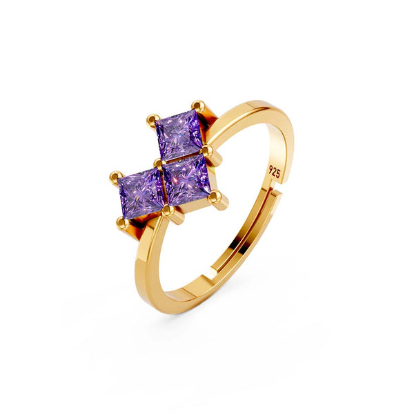925 Sterling Silver Gold Plated Adjustable Princess Cut Purple Stone Ring for Women | Party Wear Gift