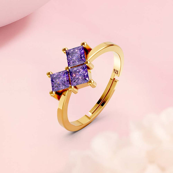 925 Sterling Silver Gold Plated Adjustable Princess Cut Purple Stone Ring for Women | Party Wear Gift
