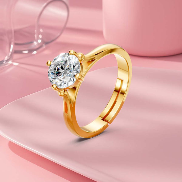 Miss Highness 925 Sterling Silver Gold Plated Adjustable Solitaire Ring for Women | Diamond Look Party Wear Gift