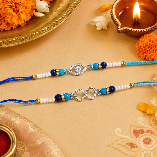 Miss Highness 925 Silver Infinity & Evil Eye Rakhi Set for Brother