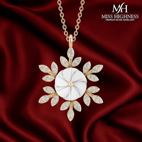 Miss Highness Floral Pendant Necklace Rose Gold Finish with AAA+ Zircon & White Shell Design For Women