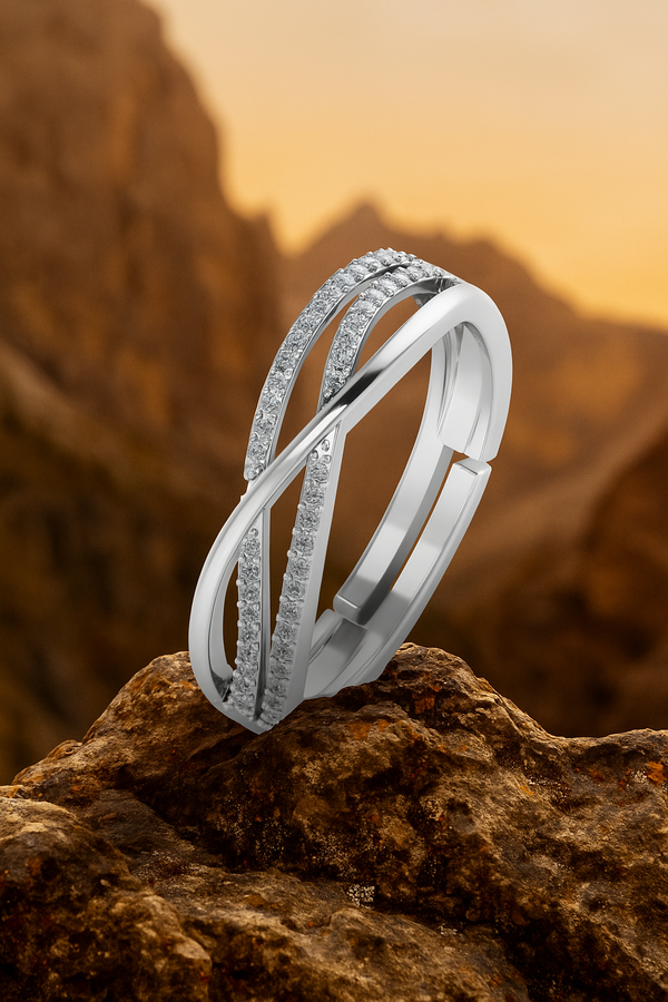 925 Sterling Silver Zircon studded three line Free size Ring