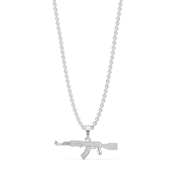 925 Pure Silver AK47 Gun White Iced  Pedant For Mens with Chain