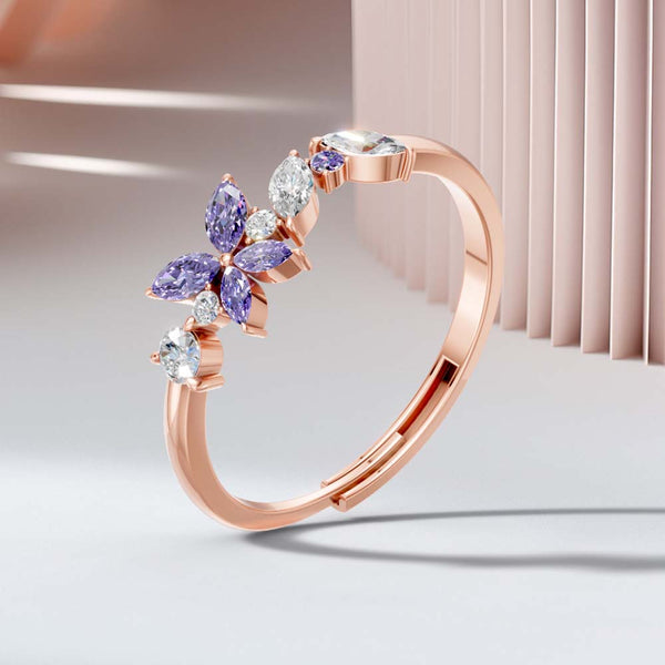 Miss Highness Rose Gold-Plated 925 Silver Floral CZ Ring for Women | Purple & White CZ Stone Design
