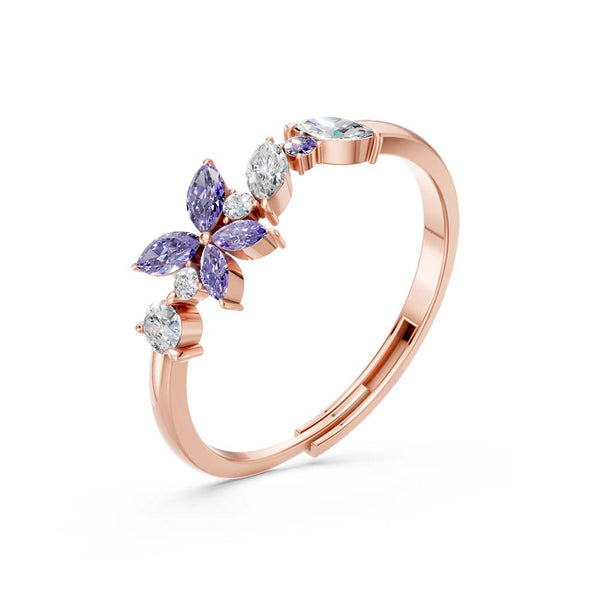 Miss Highness Rose Gold-Plated 925 Silver Floral CZ Ring for Women | Purple & White CZ Stone Design