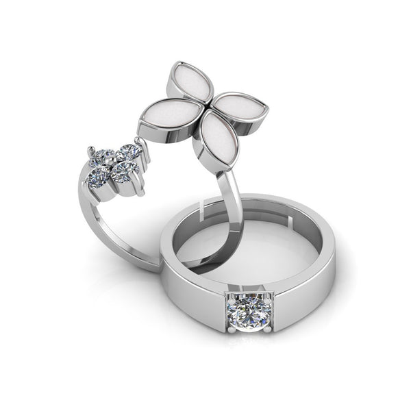 925 Sterling Silver Cubic Zircon Enamel and Solitaire Diamond Couple's Ring