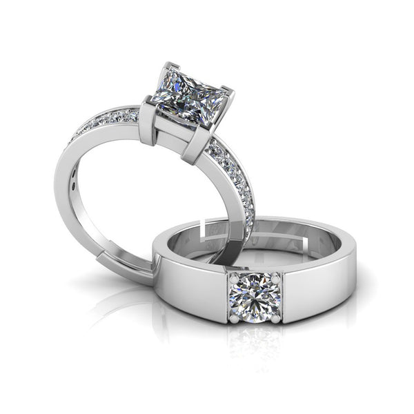 925 Sterling Silver Solitaire Princess Diamond Cut Ring For Couple's