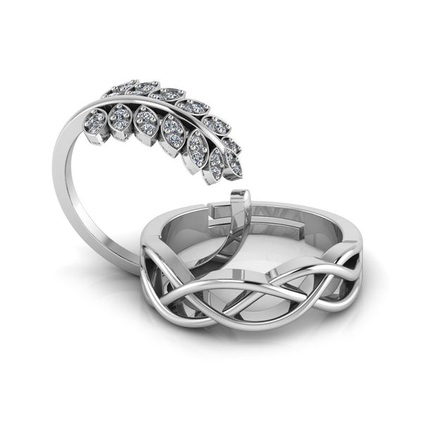 925 Sterling Silver Leaf Shape Zircon Studded and Celtic Knot Couple's Ring