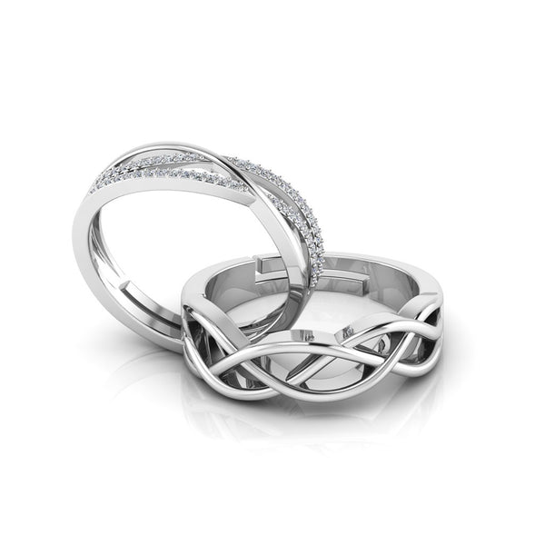 925 Sterling Silver Zircon Studded Three Line Free Size and Celtic Knot Couple's Ring