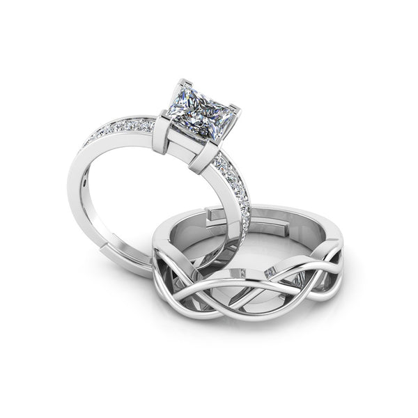 925 Pure Sterling Silver Princess Diamond Cut and Celtic Knot Couple's Ring