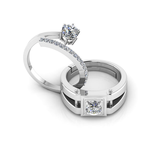 925 Sterling Silver Cubic Zircon Solitaire and Stardom Special Couple's Ring