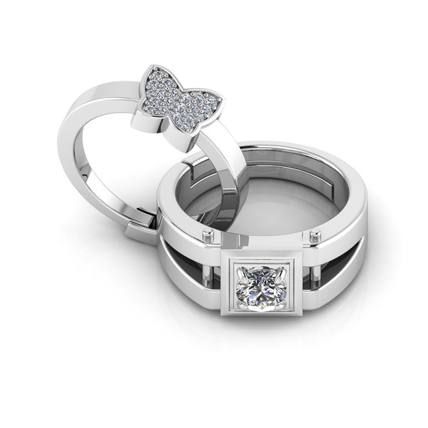 925 Pure Sterling Silver Diamond Studded Freesize Butterfly and Stardom Mens Couple's Ring