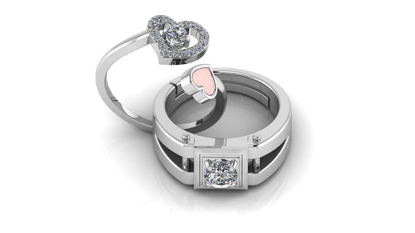 925 Pure Sterling Silver Cubic Zirconia Enamel Heart and Stardom Mens Couple's Ring