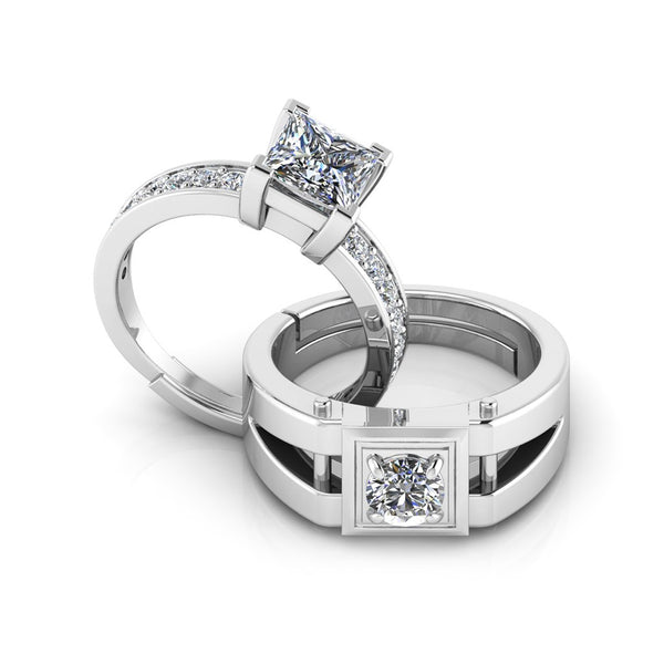 925 Pure Sterling Silver Princess Diamond and Stardom Special Couple's Ring