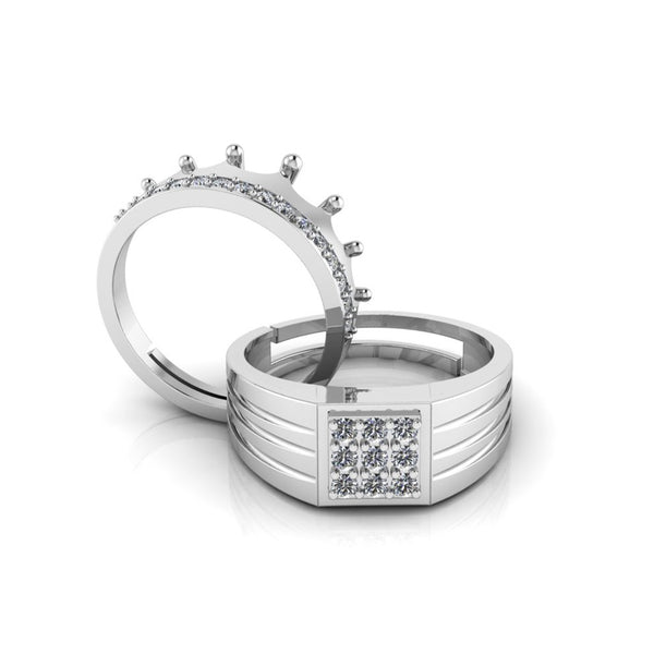 Pure 925 Silver Special Cluster Crown Couple's Ring