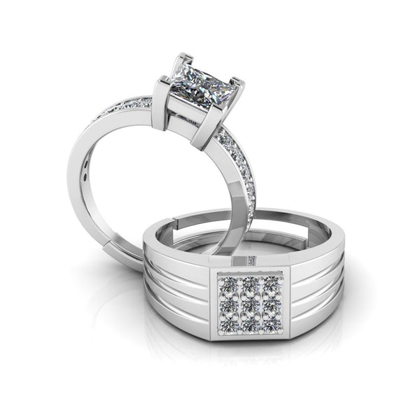 Pure 925 Silver Cluster Princess Diamond Special Couples Ring