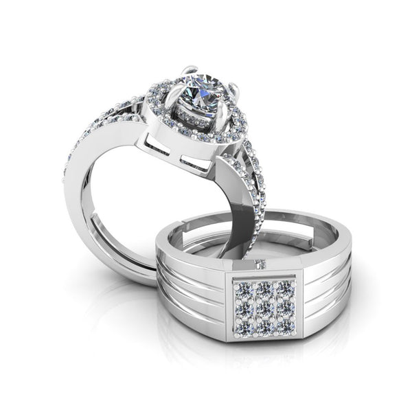 Pure 925 Silver Special Cluster Bride Boom Facet Couples Ring