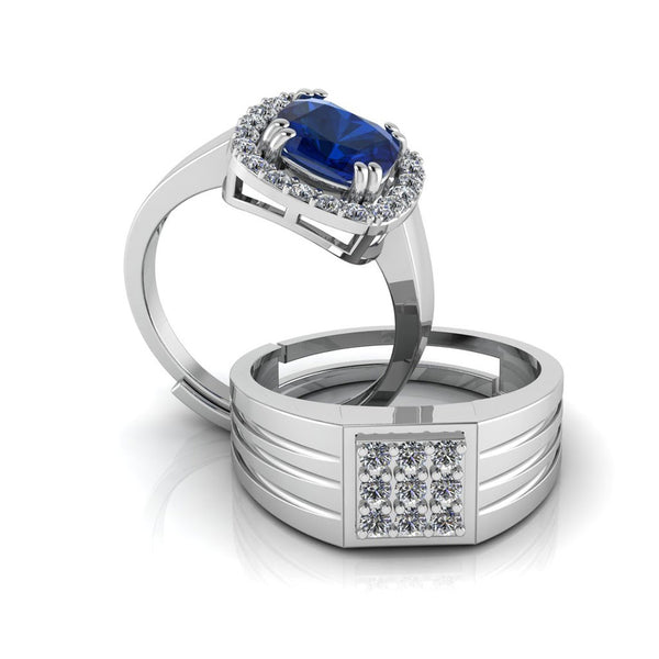 Pure 925 Silver Special Cluster Blue Stone Sapphire Couples Ring