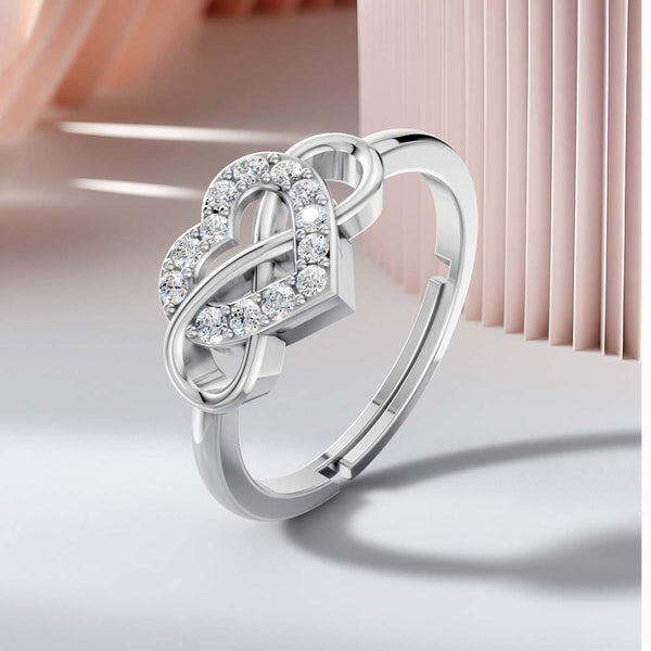 925 Sterling Silver Adjustable Heart Knot Ring with CZ Stones | Romantic Gift for Women & Girls