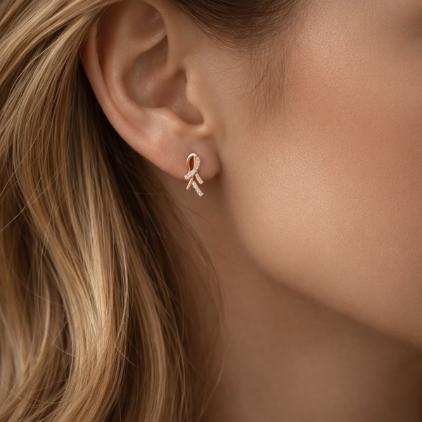 925 Silver Rose Gold Plated CZ Ribbon Stud Earrings for Women Elegant Party Gift Wear