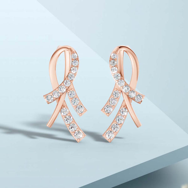 925 Silver Rose Gold Plated CZ Ribbon Stud Earrings for Women Elegant Party Gift Wear