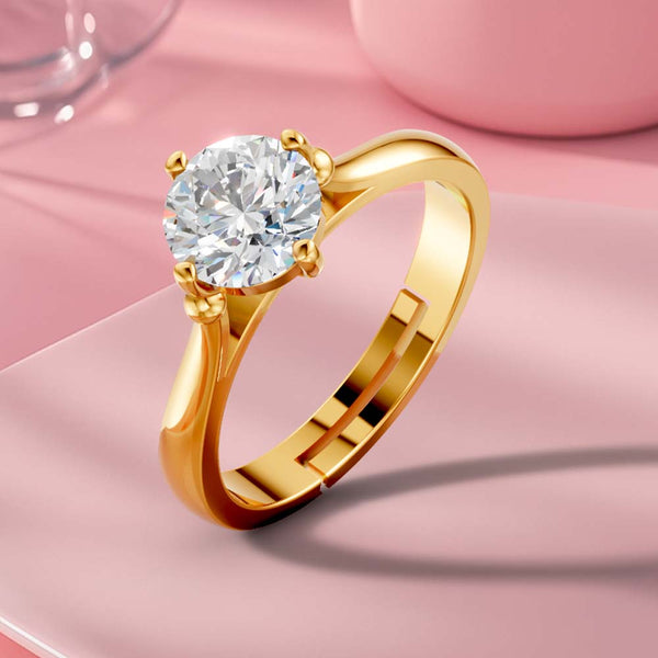 Miss Highness 925 Sterling Silver Gold Plated Adjustable Solitaire Ring for Women | Diamond Look Party Wear Gift