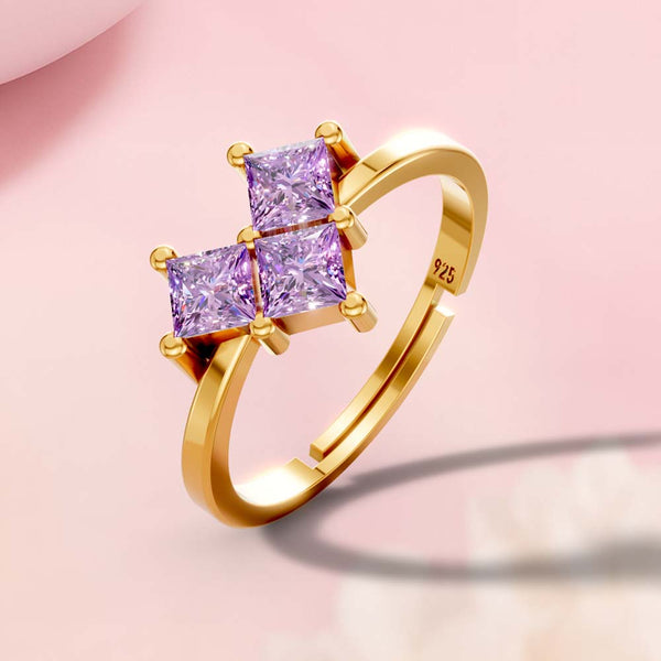 925 Sterling Silver Gold Plated Adjustable Princess Cut Purple Stone Ring for Women | Party Wear Gift