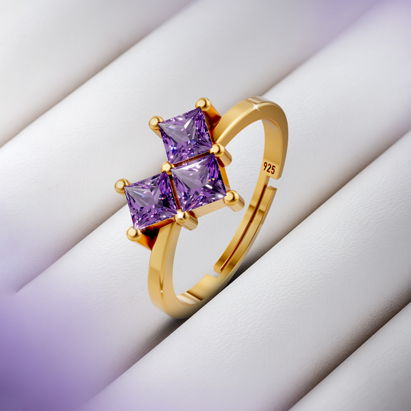 925 Sterling Silver Gold Plated Adjustable Princess Cut Purple Stone Ring for Women | Party Wear Gift