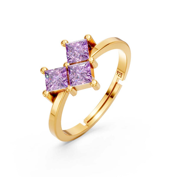 925 Sterling Silver Gold Plated Adjustable Princess Cut Purple Stone Ring for Women | Party Wear Gift