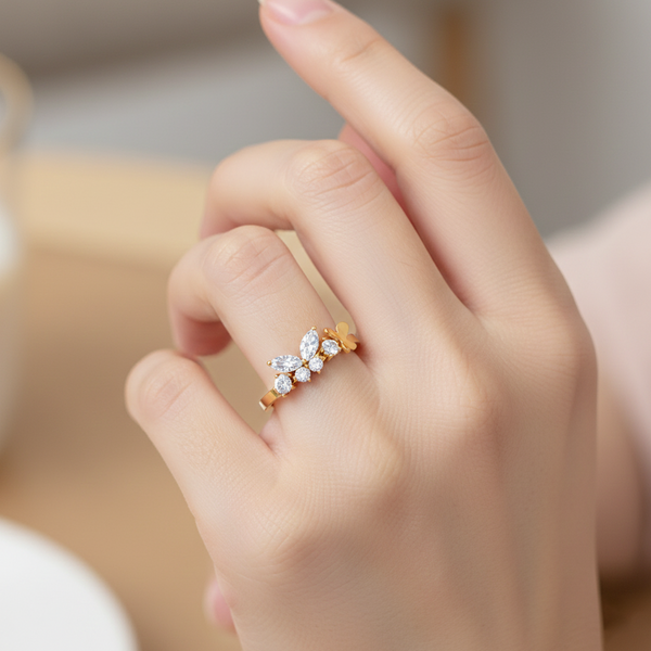 925 Sterling Silver 24K Gold Plated Adjustable Butterfly Ring for Women | Diamond Look Party Wear Gift