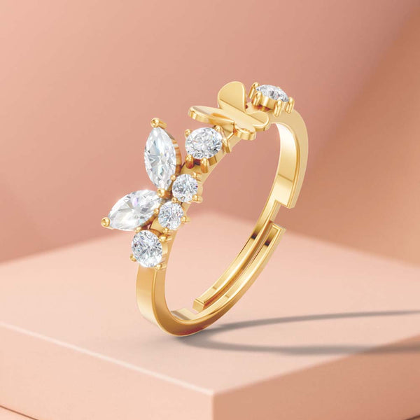 925 Sterling Silver 24K Gold Plated Adjustable Butterfly Ring for Women | Diamond Look Party Wear Gift