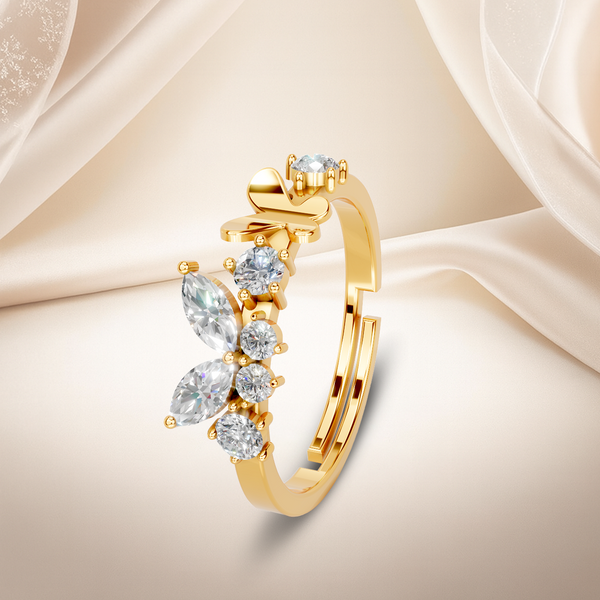 925 Sterling Silver 24K Gold Plated Adjustable Butterfly Ring for Women | Diamond Look Party Wear Gift