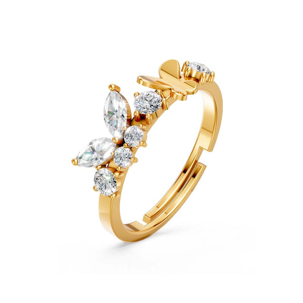 925 Sterling Silver 24K Gold Plated Adjustable Butterfly Ring for Women | Diamond Look Party Wear Gift