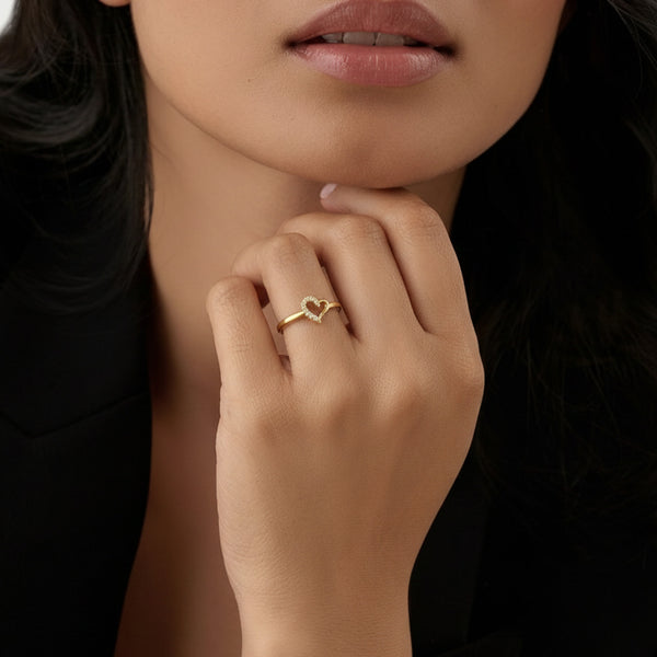 925 Sterling Silver 24K Gold-Plated Heart Open Ring for Women & Girls