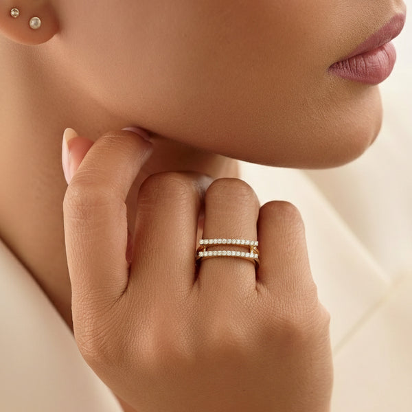 925 Sterling Silver 24K Gold-Plated Dual Bar Open Ring for Women & Girls