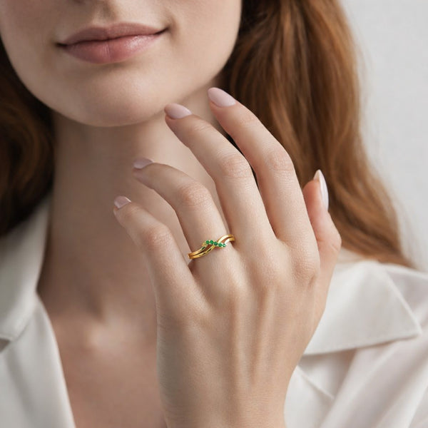 925 Sterling Silver 24K Gold-Plated Green Stone Wave Open Ring for Women & Girls