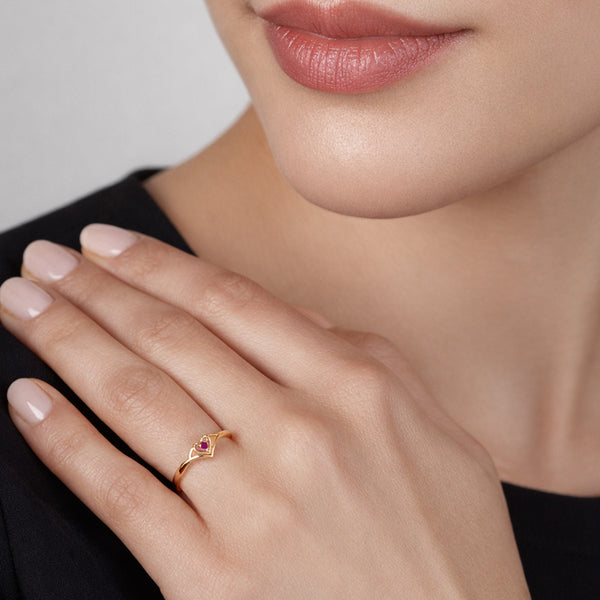 925 Sterling Silver Gold-Plated Red Heart Solitaire Open Ring for Women & Girls