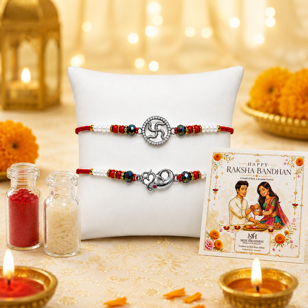 Miss Highness 925 Silver Swastik & Ganesha Rakhi Set of 2 for Brother