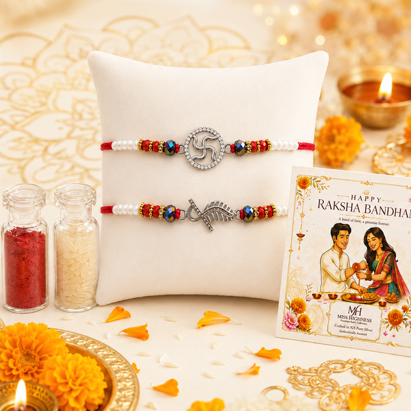 Miss Highness 925 Sterling Silver Swastik & Krishna Rakhi Set for Brother