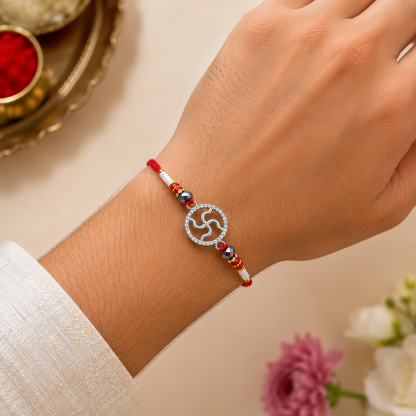 Miss Highness 925 Sterling Silver Swastik Rakhi for Brother with CZ Stones