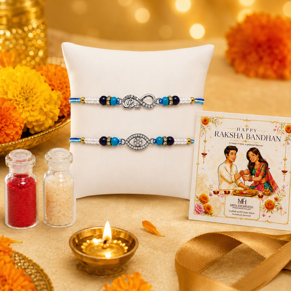 Miss Highness 925 Silver Bro Infinity & Evil Eye Rakhi Set for Brother